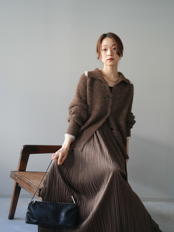 [予約]襟付きバイカラーミックスニットカーディガン/brown