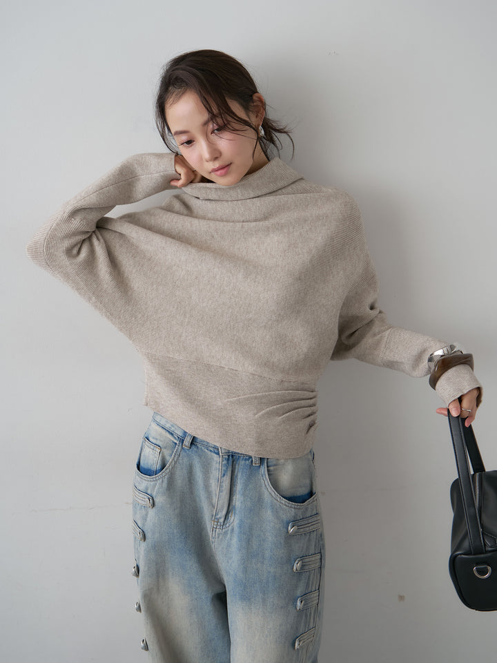 [予約]ハイネックサイドボタンギャザーニットトップス/beige