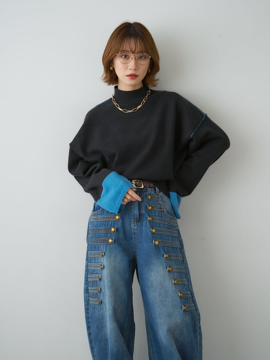 [予約]バイカラートリムワイドハイネックニットトップス/black