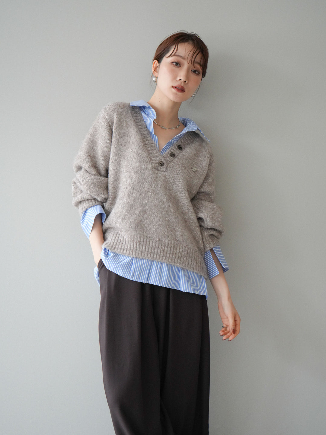 [SET]ストライプシャツドッキングMIXヤーンニットプルオーバー+ベルトループデザインワイドパンツ(2set)
