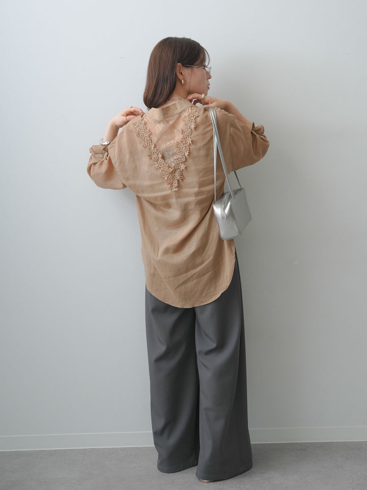 [SET]バックレースノーカラーシャツ+ベルトループデザインワイドパンツ(2set)