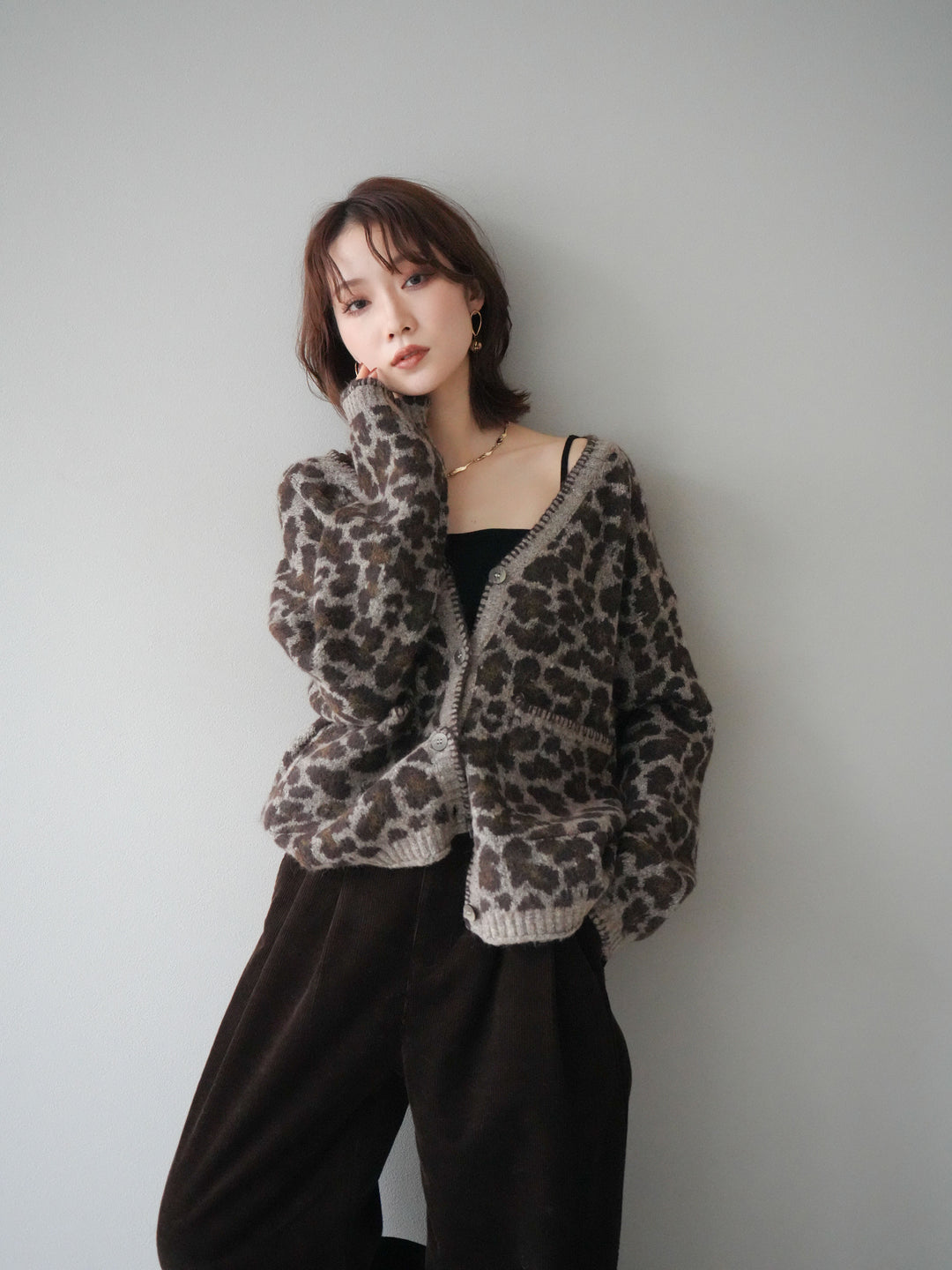 [予約]アニマル柄ステッチニットカーディガン/khaki