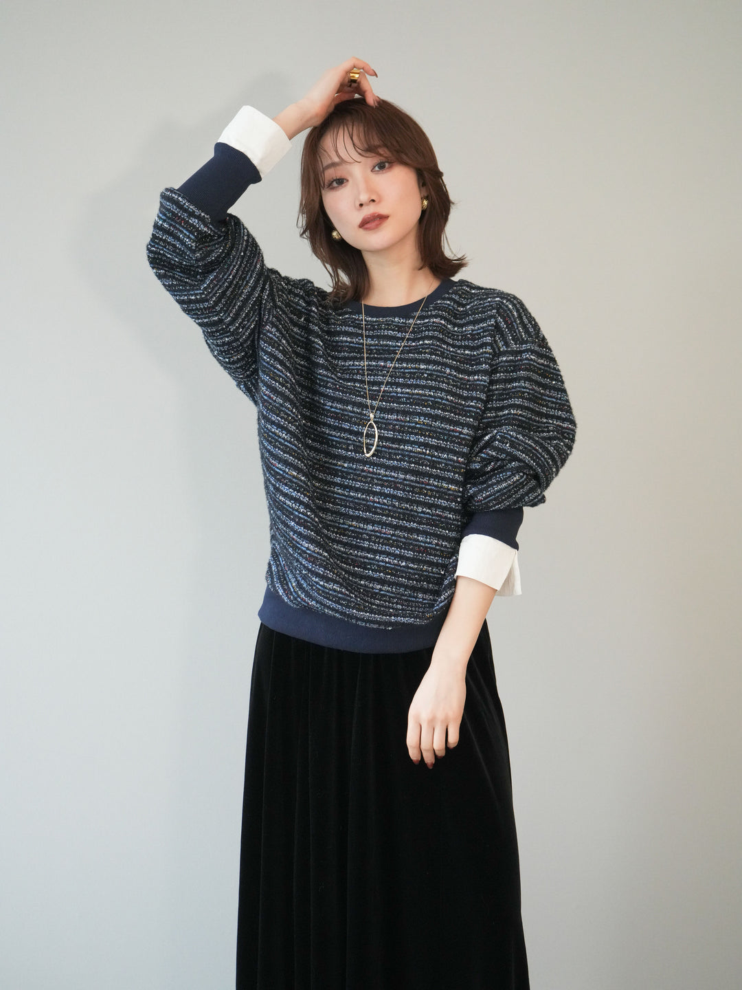 [予約]MIXツイードライクカフスドッキングプルオーバー/blue