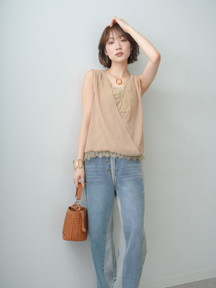 [予約]レースレイヤードカシュクールノースリブラウス/beige