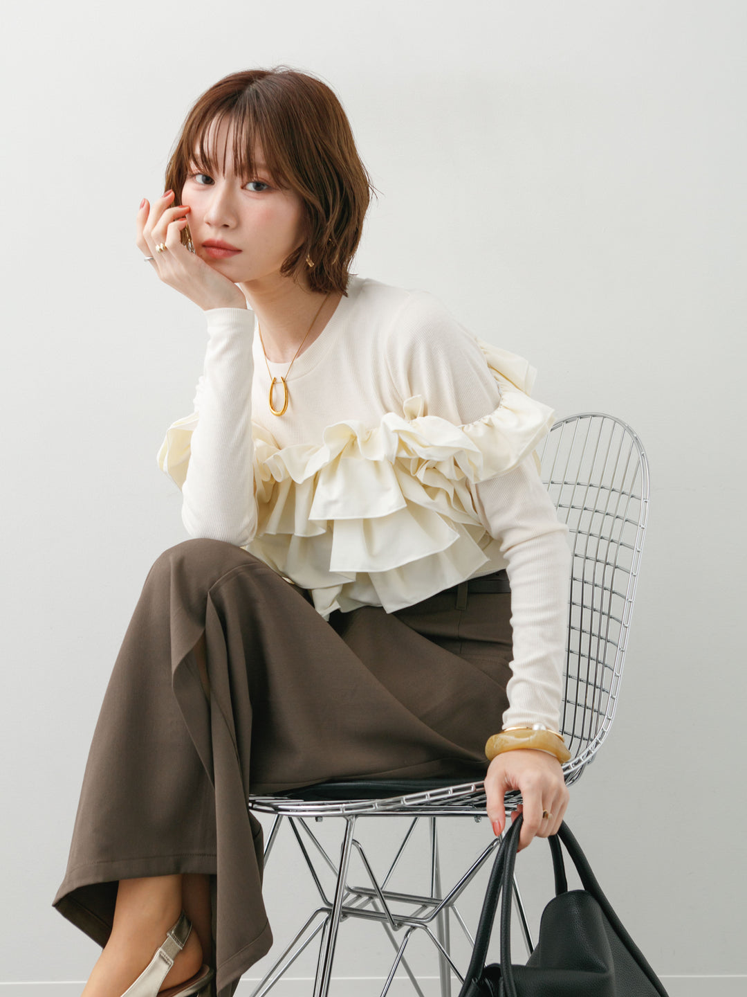 [SET]カットリブマルチWAYトップス+クレープデシンフラップ付きストレートスカート(2set)