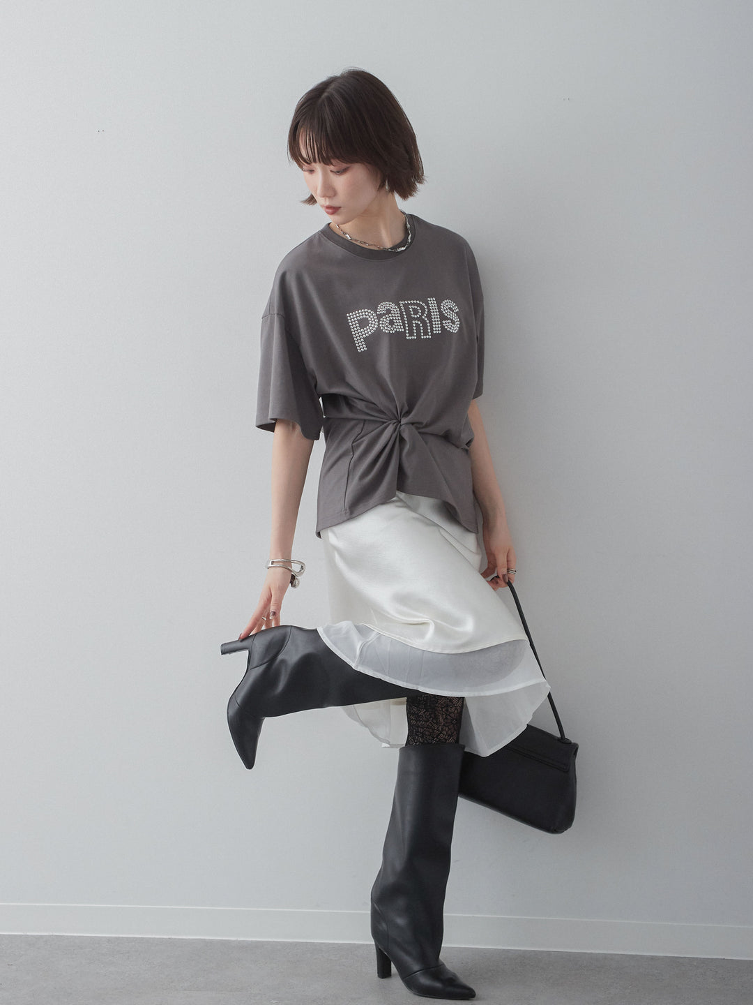 [SET]スタッズロゴTEE+サテンシフォンレイヤードスカート(2set)