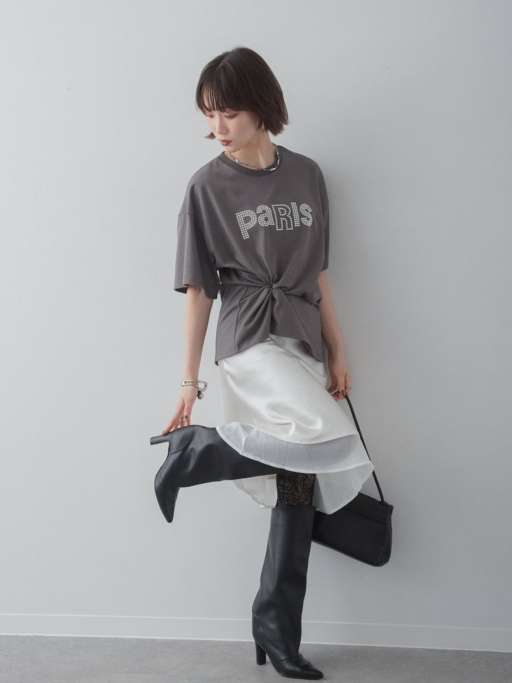 [SET]スタッズロゴTEE+サテンシフォンレイヤードスカート(2set)