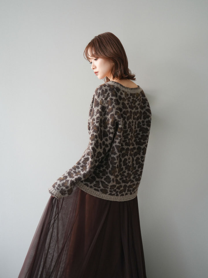[予約]アニマル柄ステッチニットカーディガン/khaki