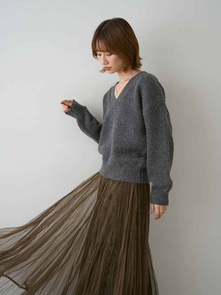 [SET]Vネックワイドショートニット+選べるアクセセット(2set)