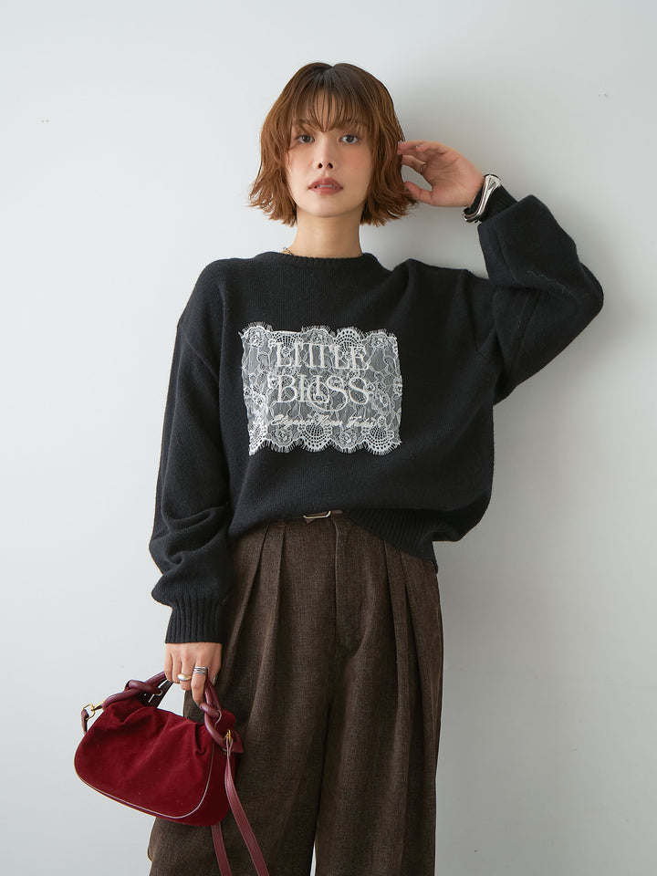 [SET]アルパカタッチ刺繍レースロゴニットプルオーバー+選べるアクセセット(2set)