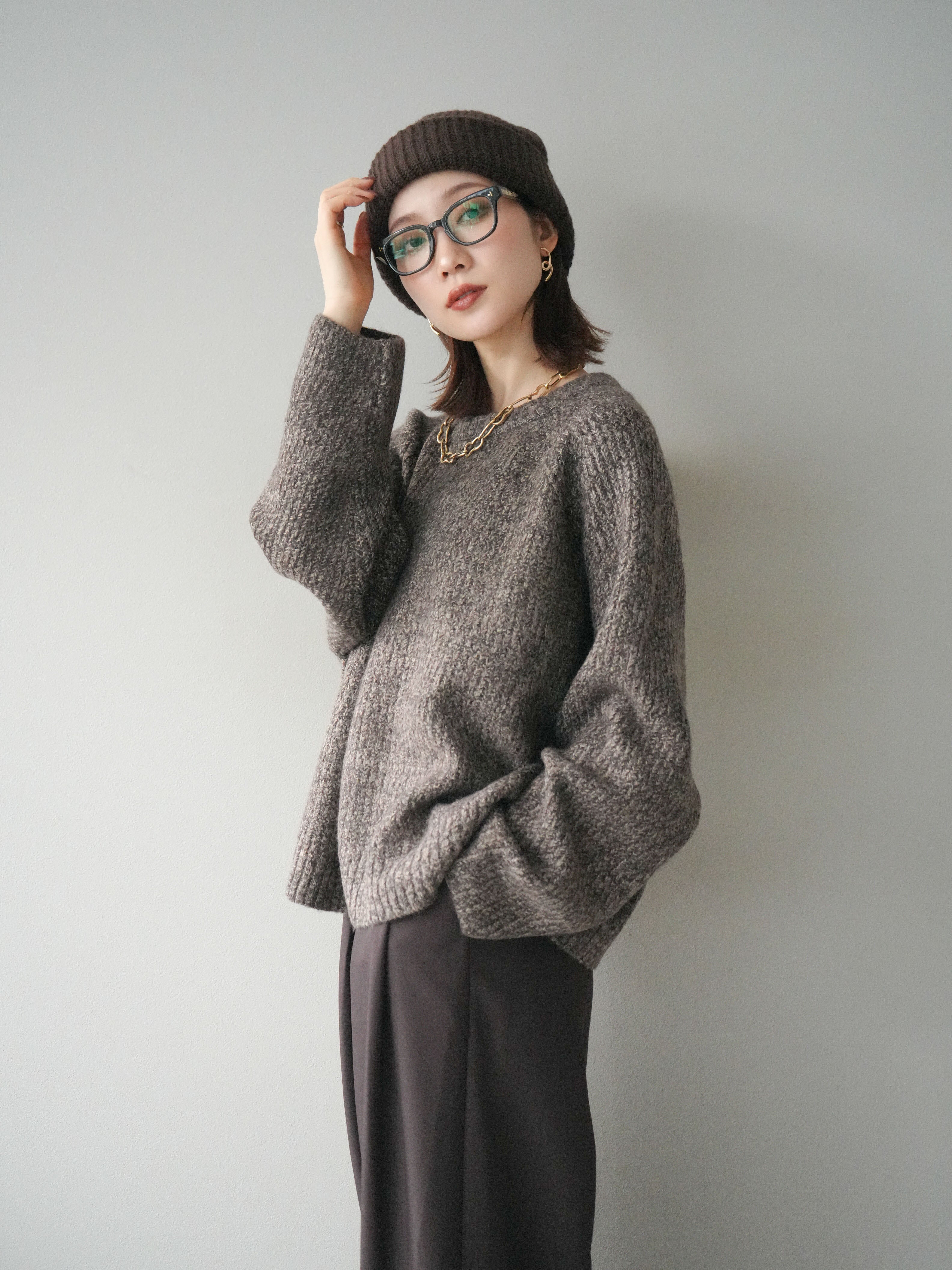 予約]クルーネック畦編みミックスニット/brown – Lumier