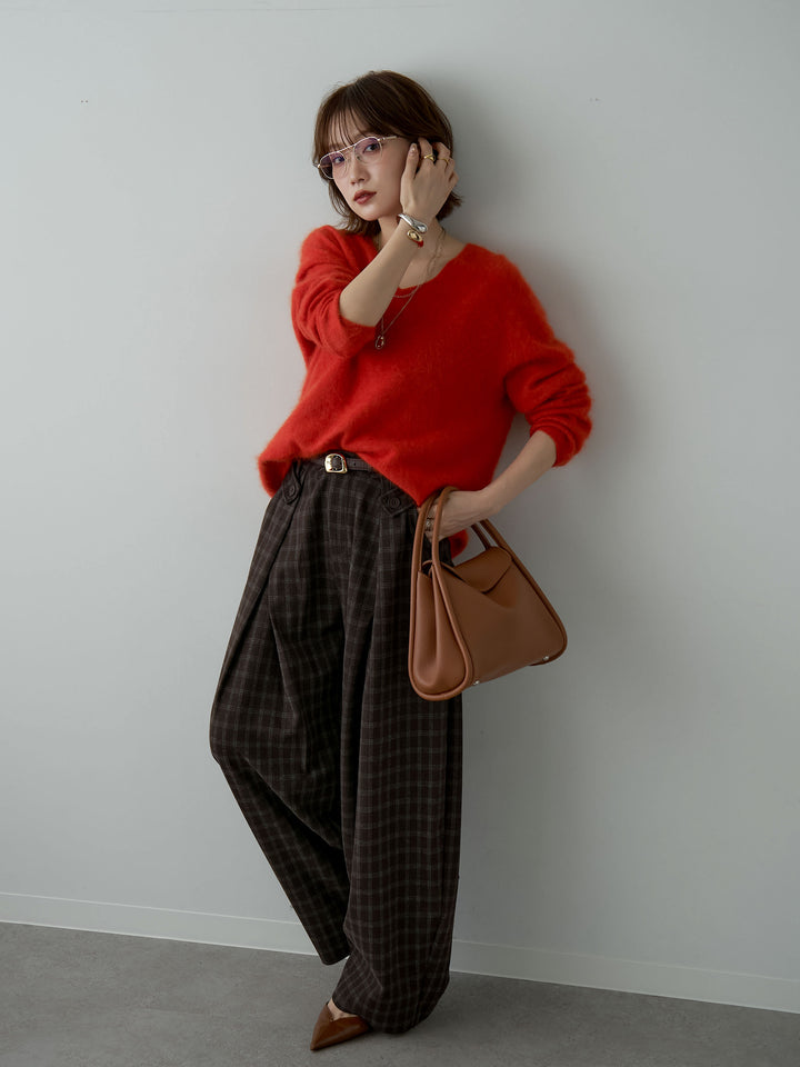 [SET]カシミア混フェザータッチVネックニットトップス+チェックサイドベルトデザインタックパンツ(2set)
