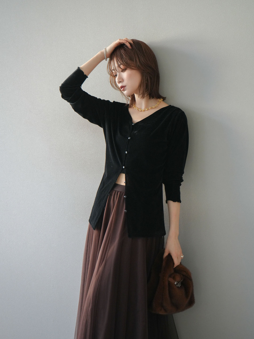 [予約]ベロアカーディガン/black