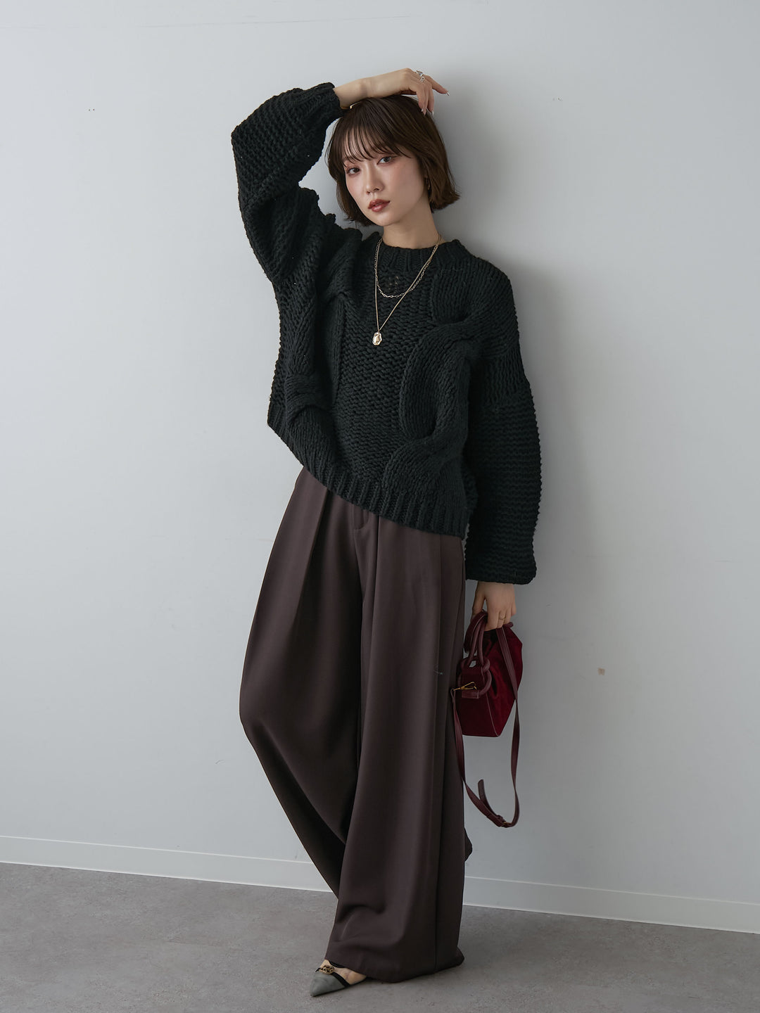 [SET]チャンキーケーブルニットトップス+ベルトループデザインワイドパンツ(2set)