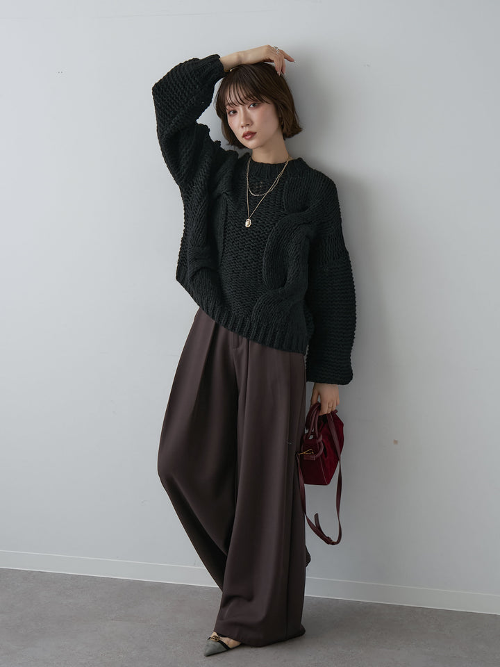 [SET]チャンキーケーブルニットトップス+ベルトループデザインワイドパンツ(2set)