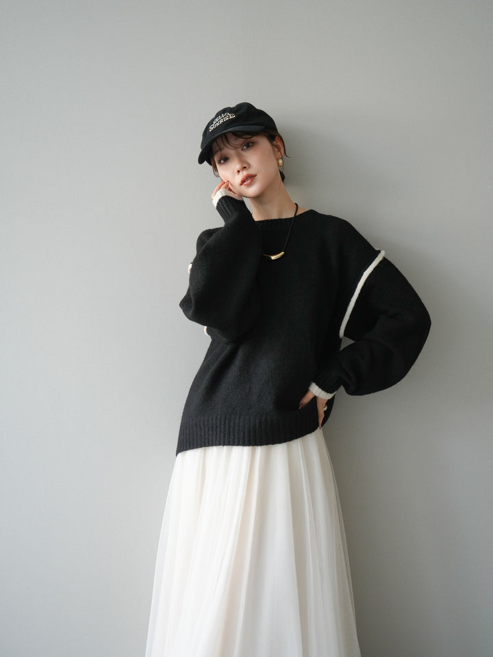 [予約]バイカラーパイピングニットプルオーバー/black