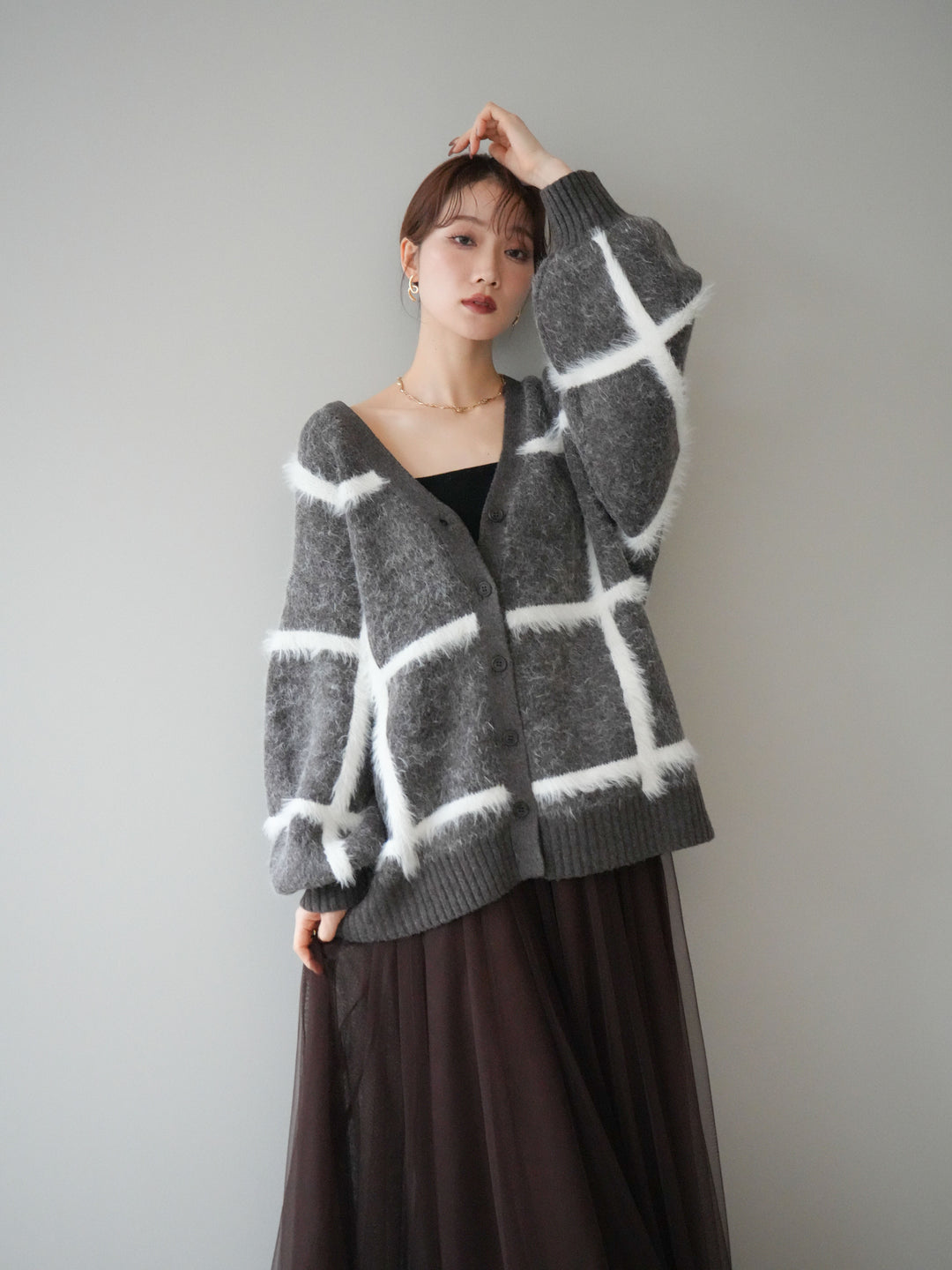 [予約]ミックスシャギーチェックカーディガン/brown