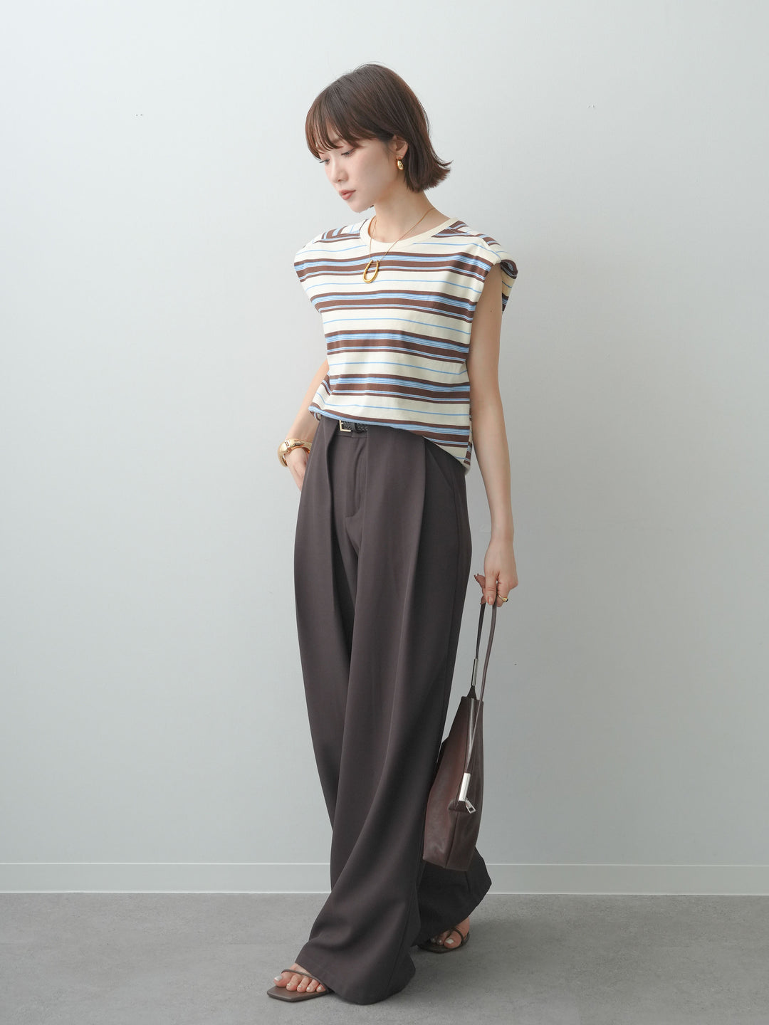 [SET]ショルダーパッドフレンチTEE+ベルトループデザインワイドパンツ(2set)