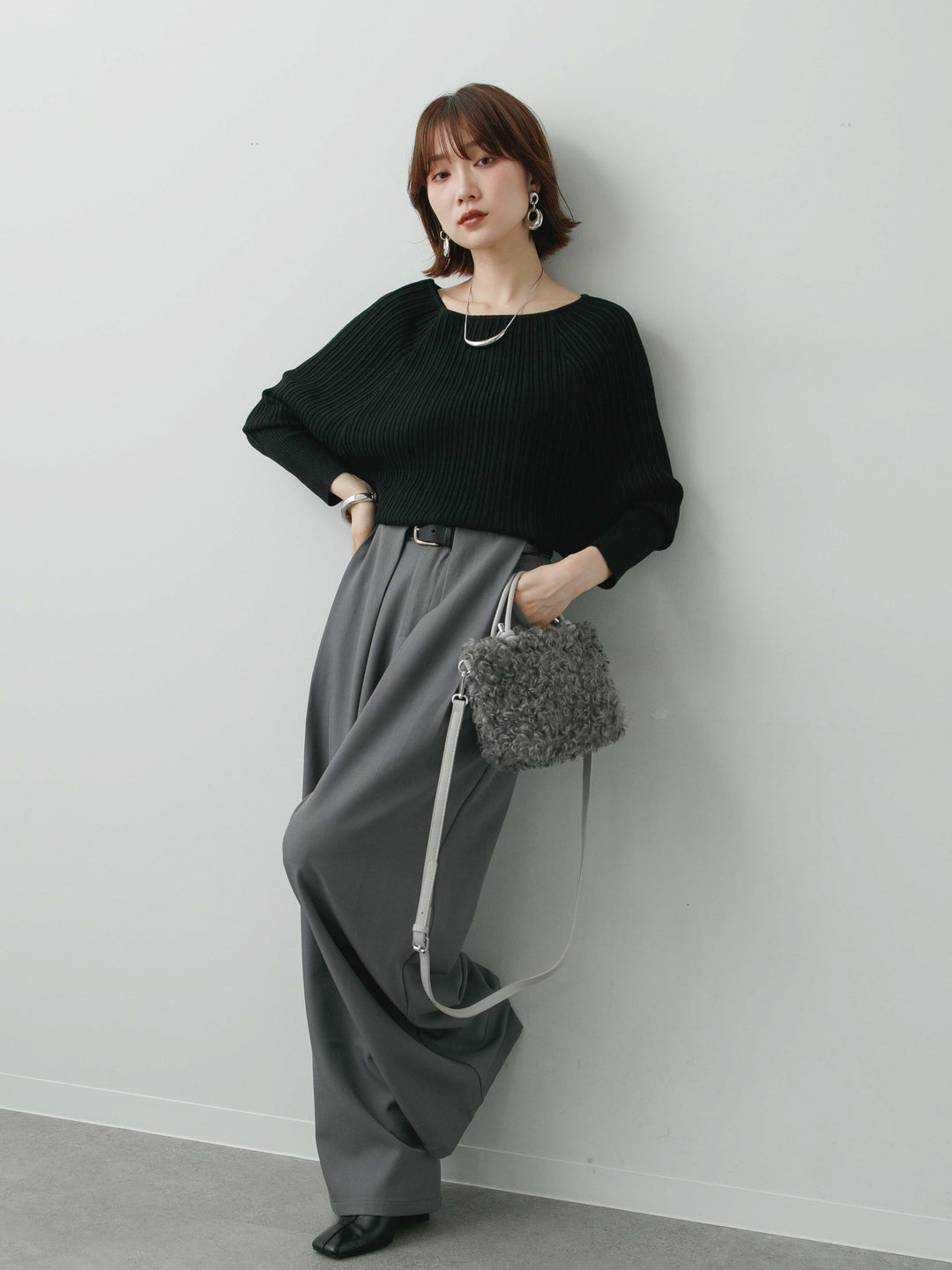 [SET]ワイドネックリブクロップニットトップス+ベルトループデザインワイドパンツ(2set)