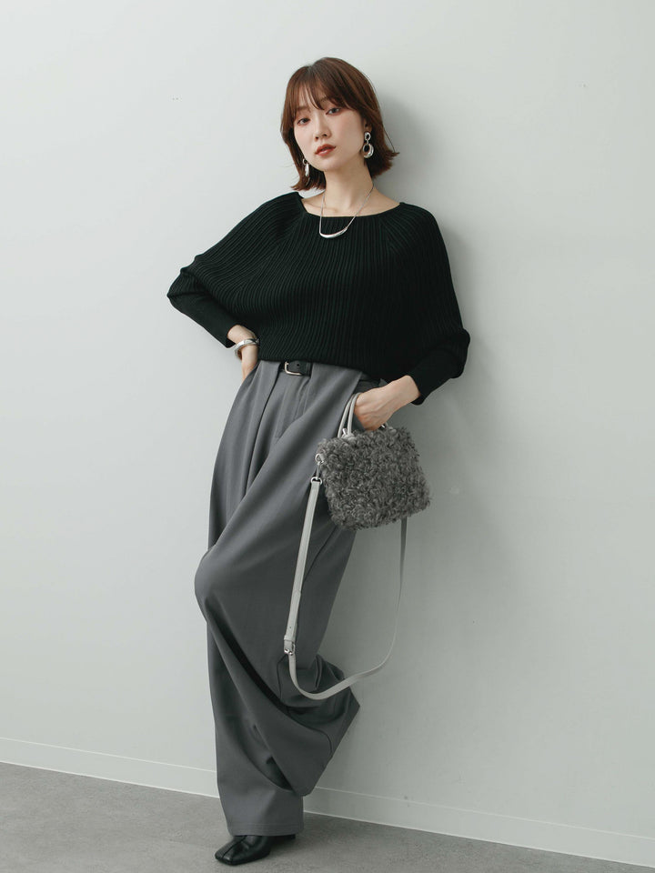 [SET]ワイドネックリブクロップニットトップス+ベルトループデザインワイドパンツ(2set)