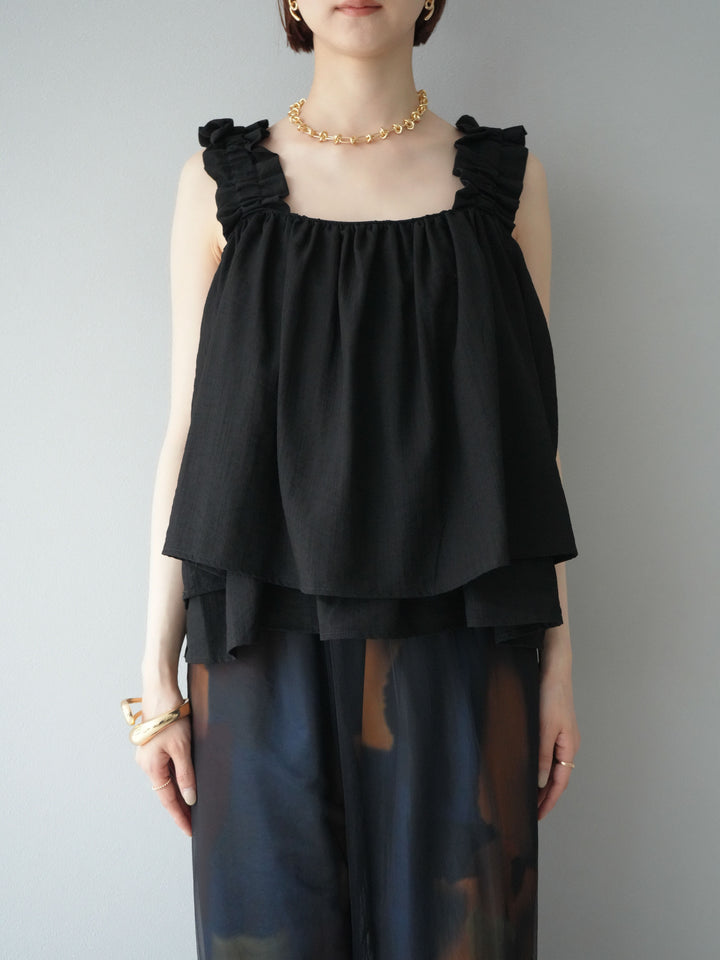 [予約]ギャザーショルダーフレアタンクトップ/ブラック