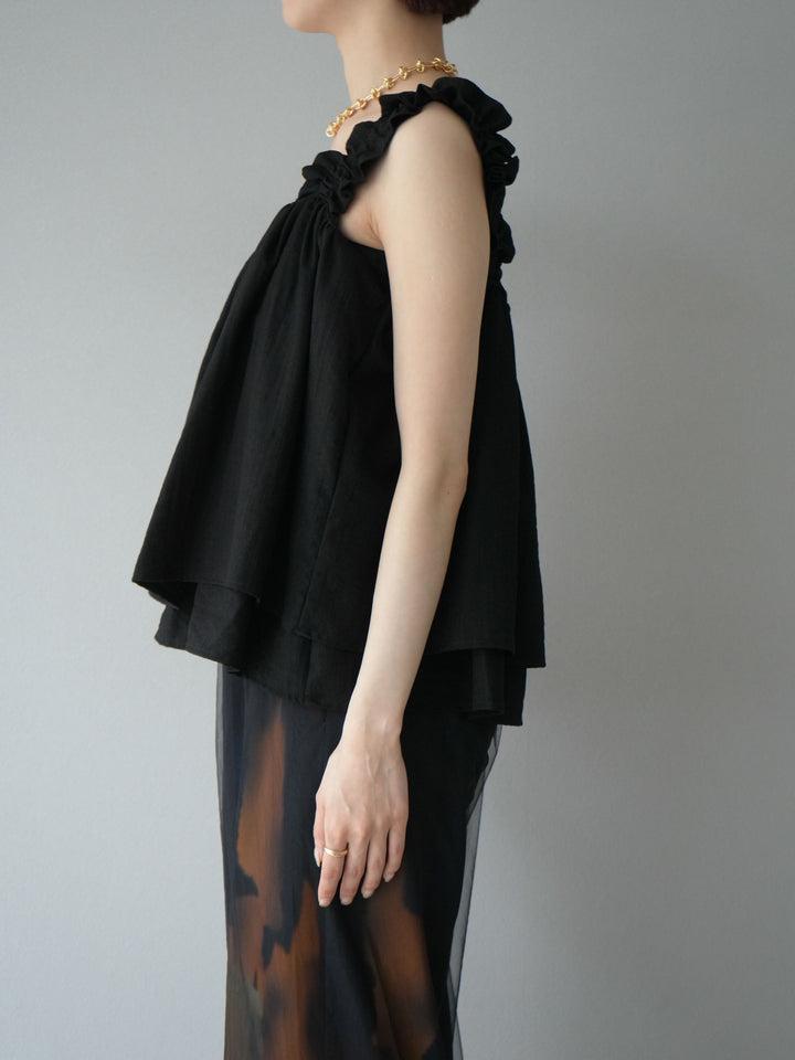 [予約]ギャザーショルダーフレアタンクトップ/ブラック