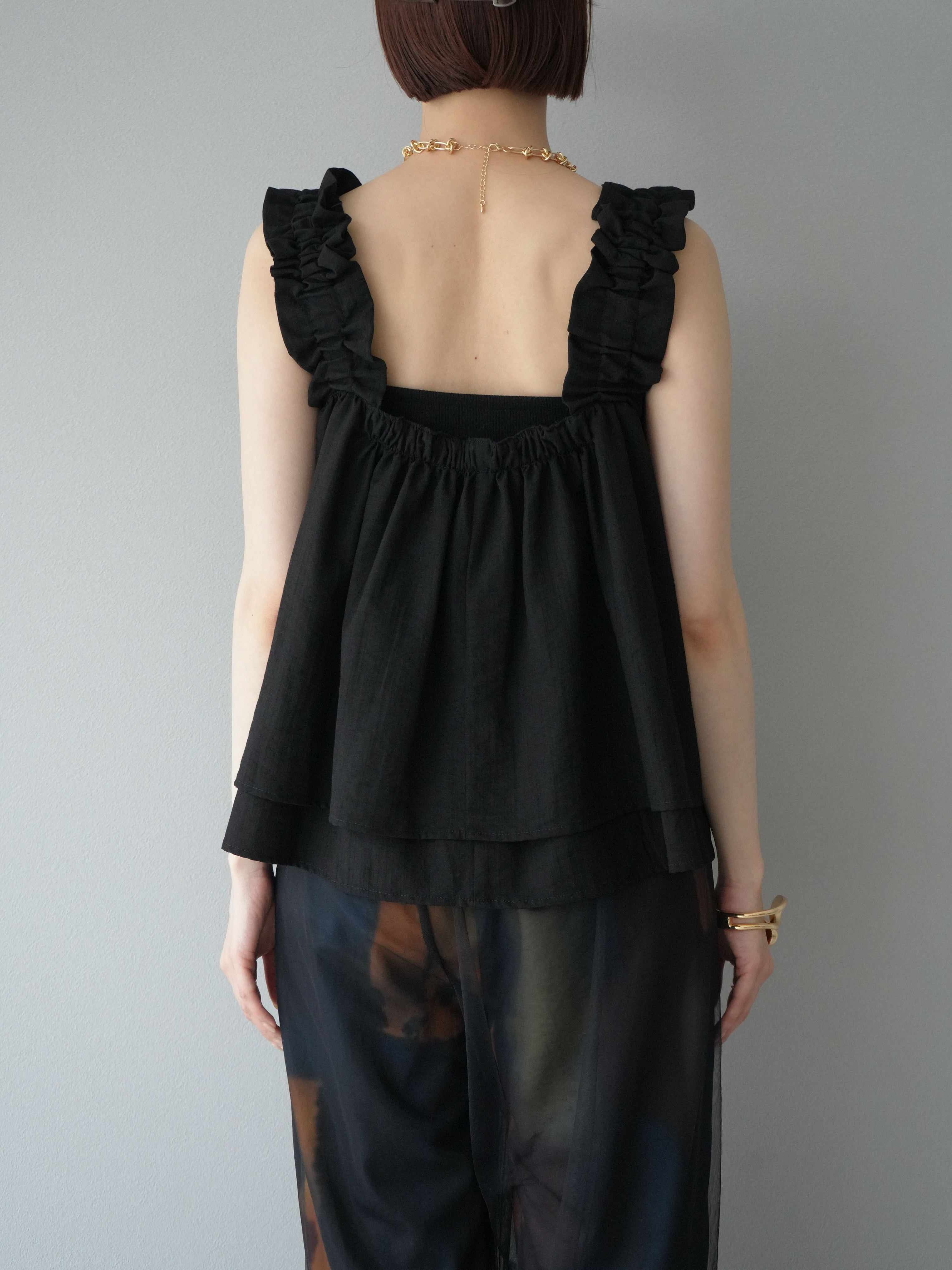 dianteブラック タンクトップ 予約]ギャザーショルダーフレアタンクトップ/ブラック – Lumier