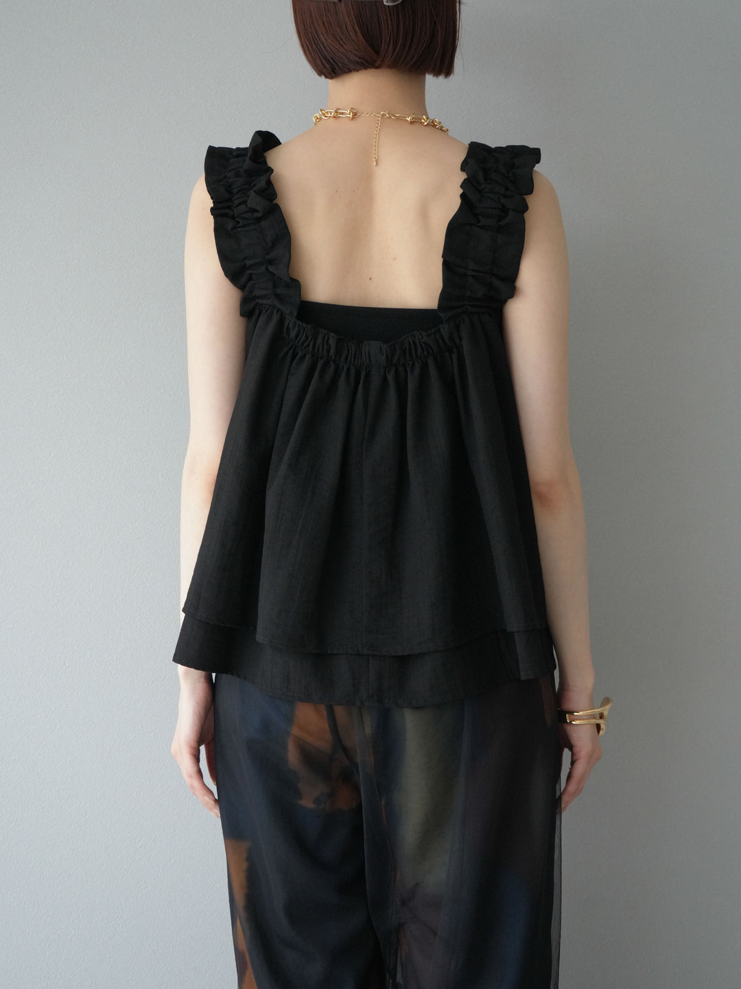 [予約]ギャザーショルダーフレアタンクトップ/ブラック