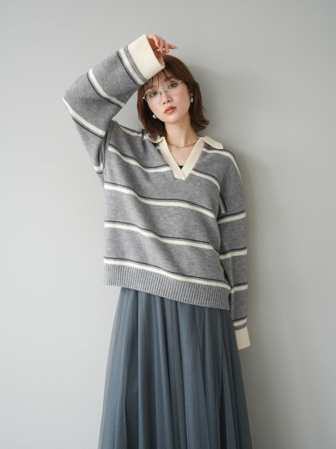 [SET]ポロ襟スキッパーボーダーニットプルオーバー+チュールボリュームスカート(2set)