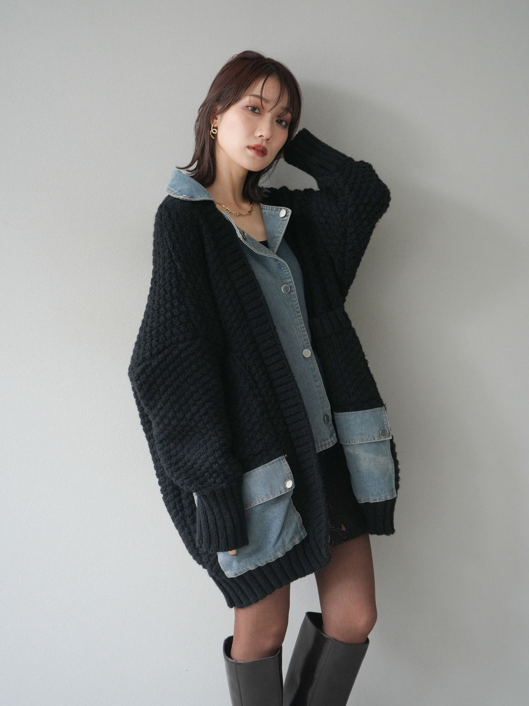[予約]デニム襟レイヤードニットジャケット/black