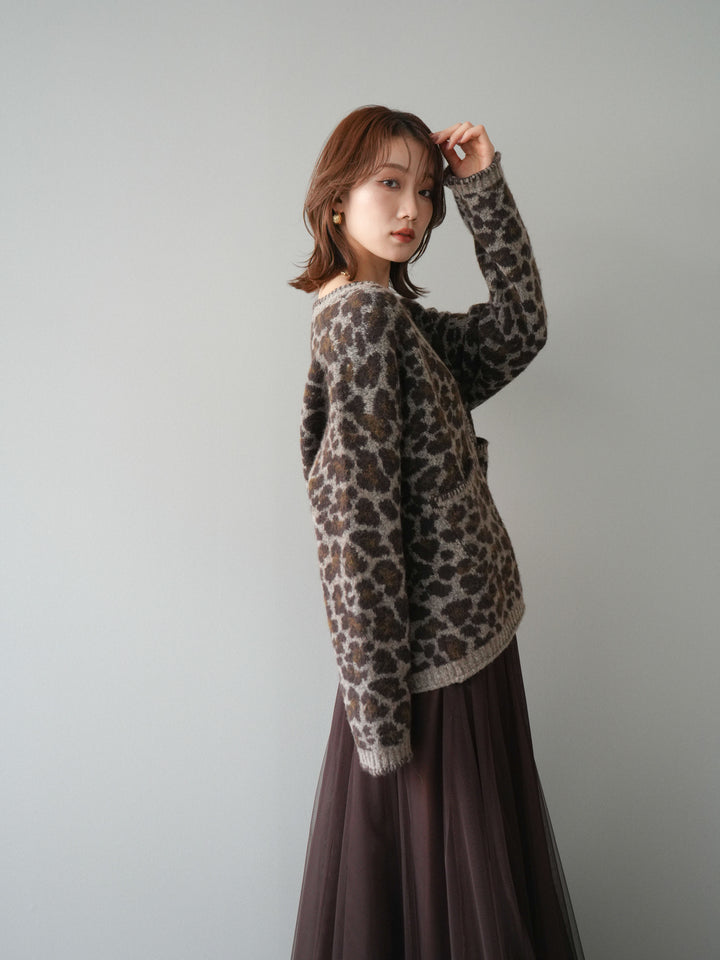 [予約]アニマル柄ステッチニットカーディガン/khaki