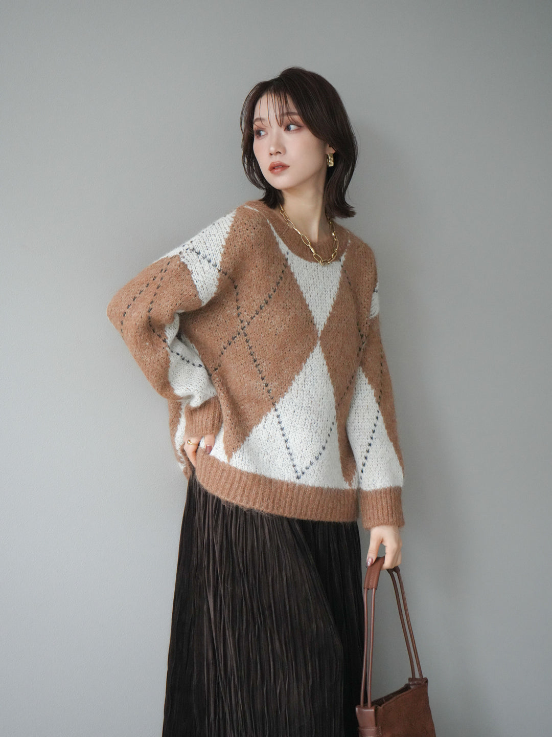 [SET]アーガイルオーバーニットプルオーバー+スエードワッシャープリーツスカート(2set)