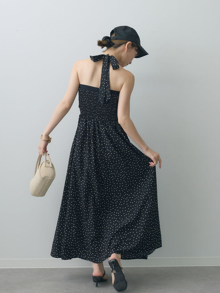 [SET]ホルターネックドット柄シャーリングデザインワンピース+選べるアクセセット(2set)