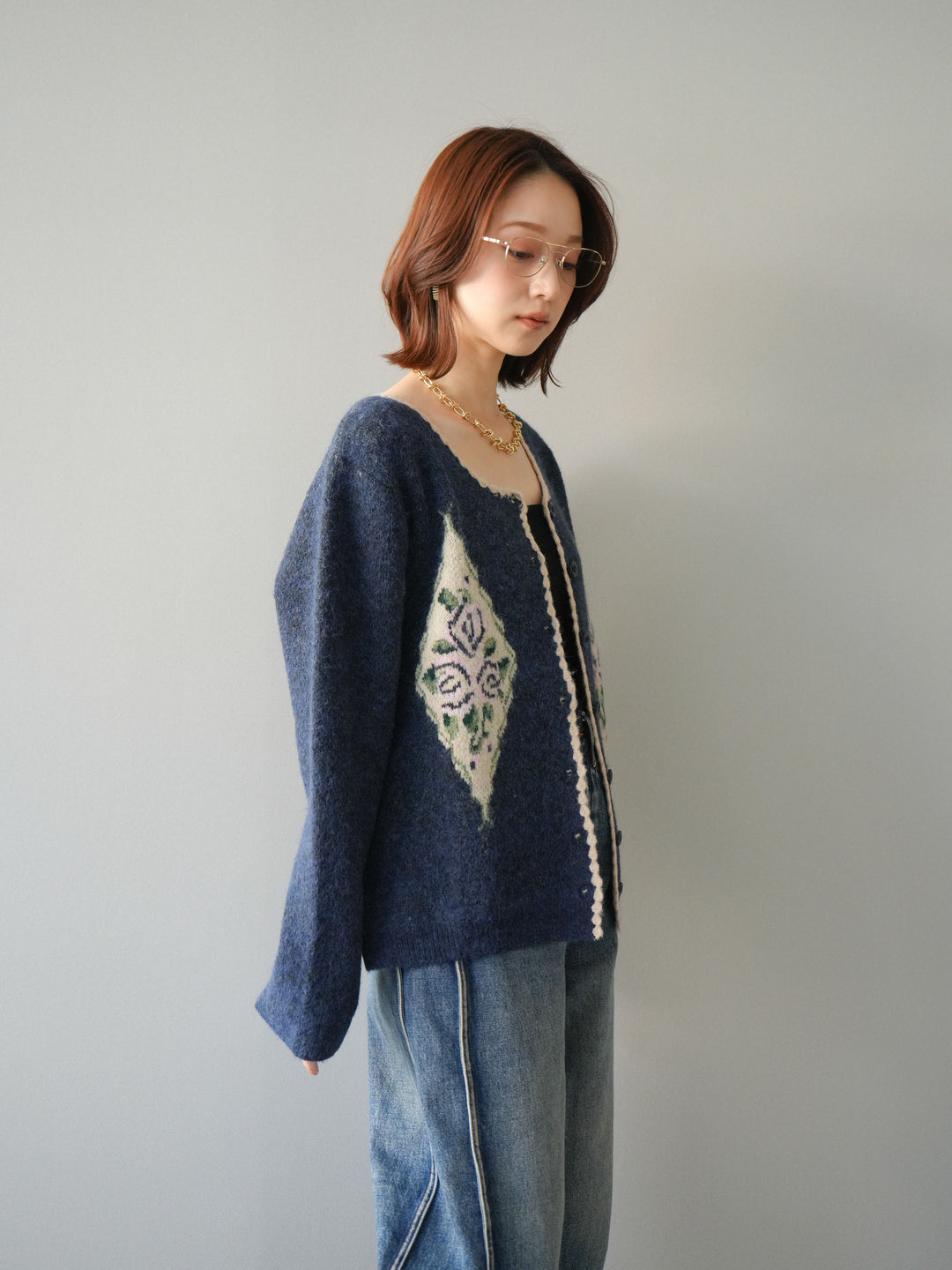 [予約]アンティークフラワージャガードニットカーディガン/navy