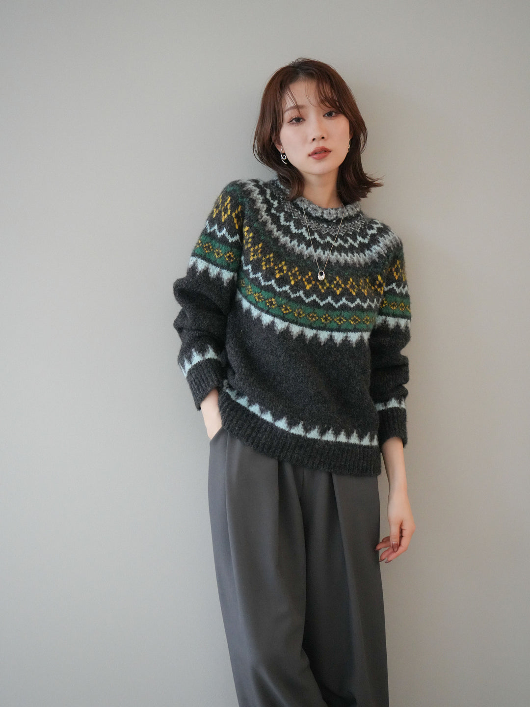 [予約]ウールタッチ求心柄オーバーニットプルオーバー/gray