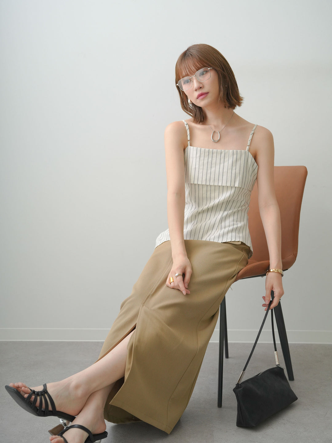 [SET]ストライプアシメキャミソール+クレープデシンフラップ付きストレートスカート(2set)