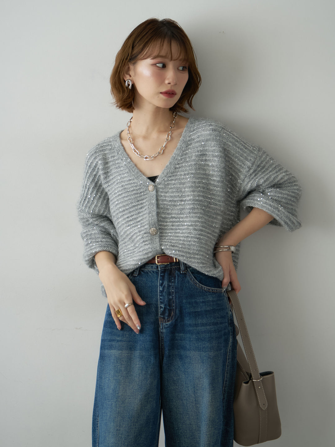 [SET]スパンコールデザインボタンカーディガン+選べるアクセセット(2set)