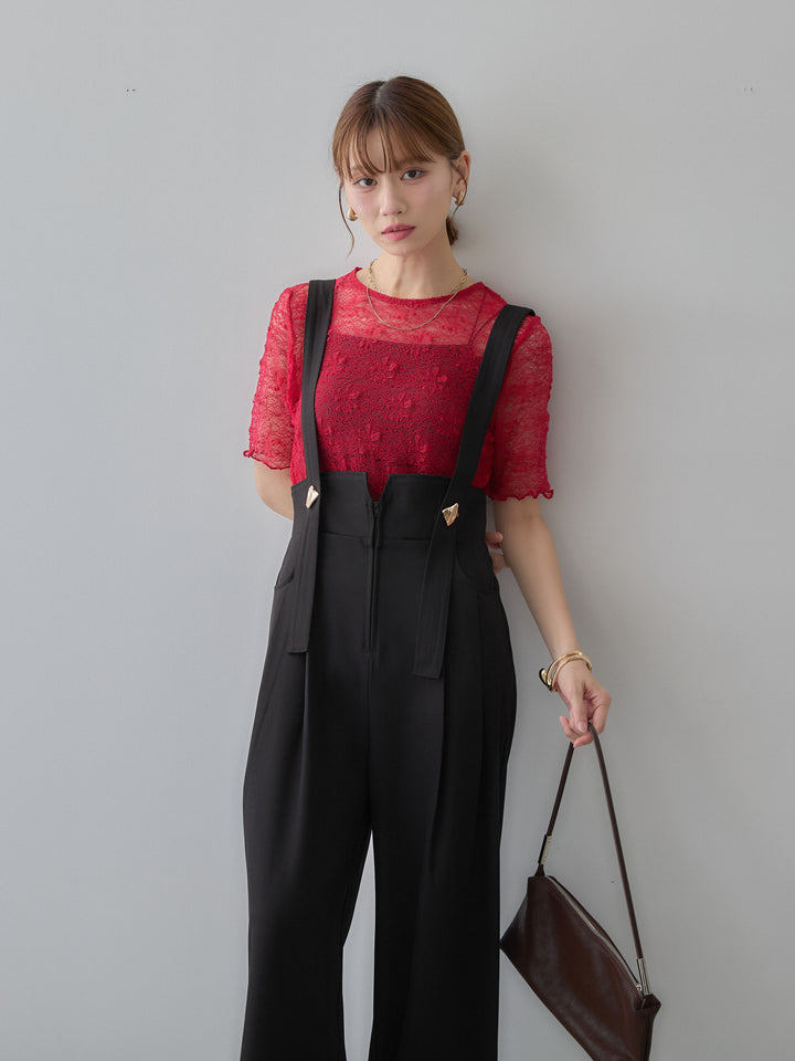 [SET]フラワーモチーフレーストップス+ゴールドボタンサスペンダーワイドパンツ(2set)
