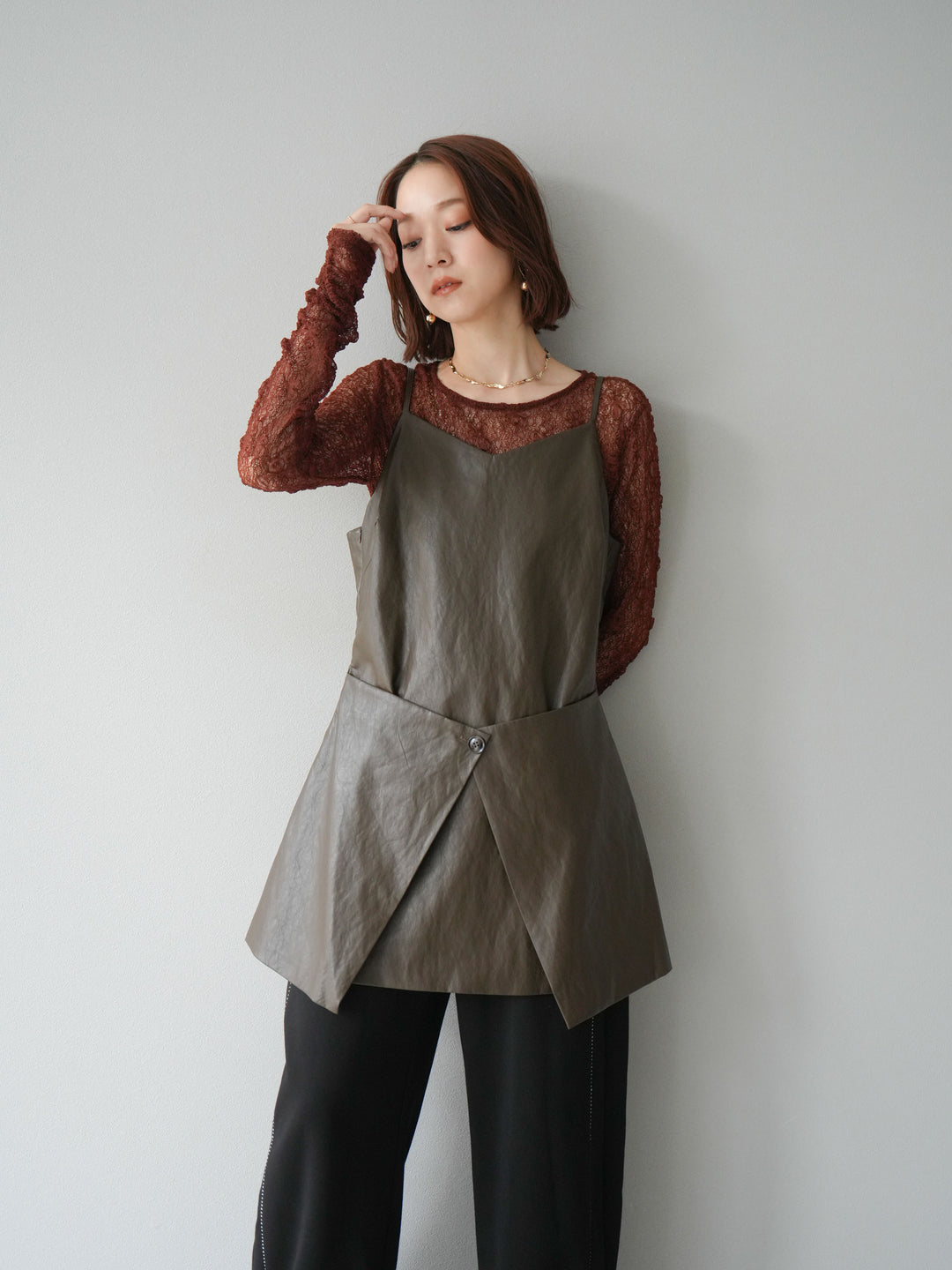 [予約]レイヤードレザーキャミソールチュニック/ブラウン