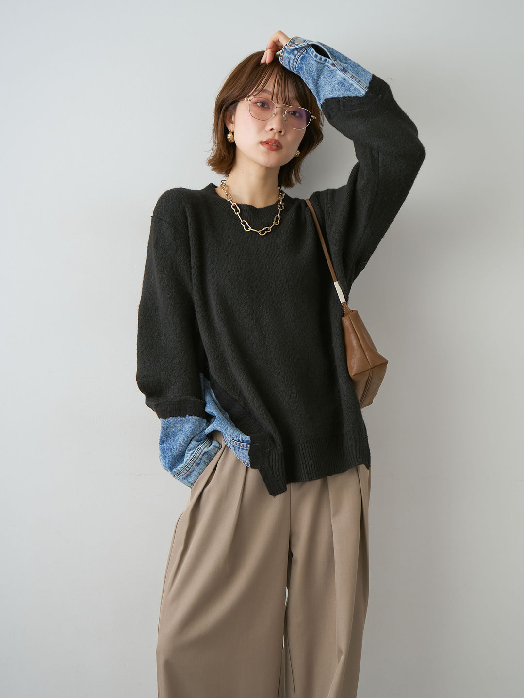 [予約]デニムドッキングニットプルオーバー/black