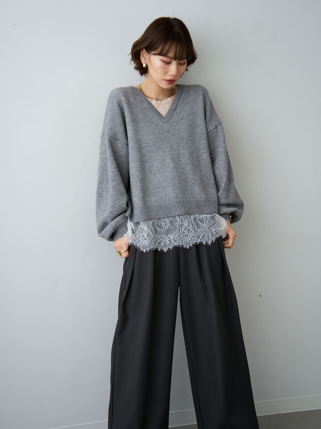 [SET]アルパカタッチレースドッキングVネックニットトップス+アルパカタッチレースドッキングVネックニットトップス(2set)