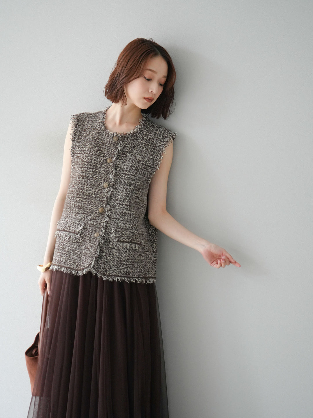 [予約]ミックスツイードフリンジニットベスト/ブラウン