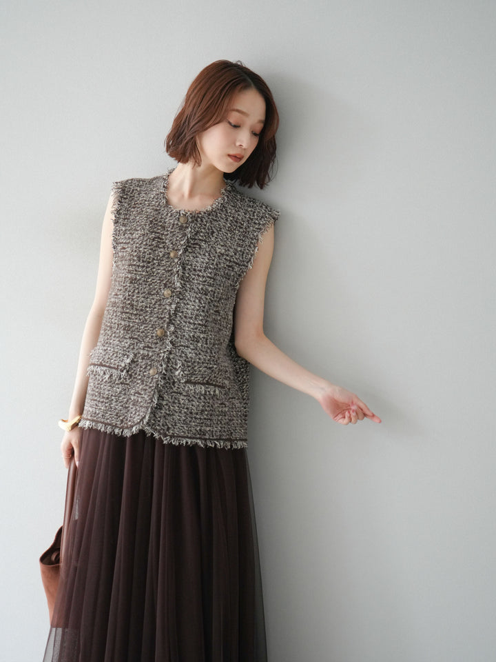 [予約]ミックスツイードフリンジニットベスト/ブラウン