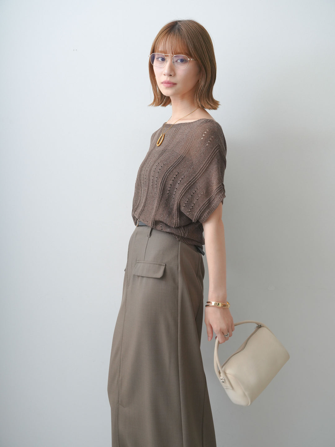 [SET]アイレットサマーニットトップス+クレープデシンフラップ付きストレートスカート(2set)