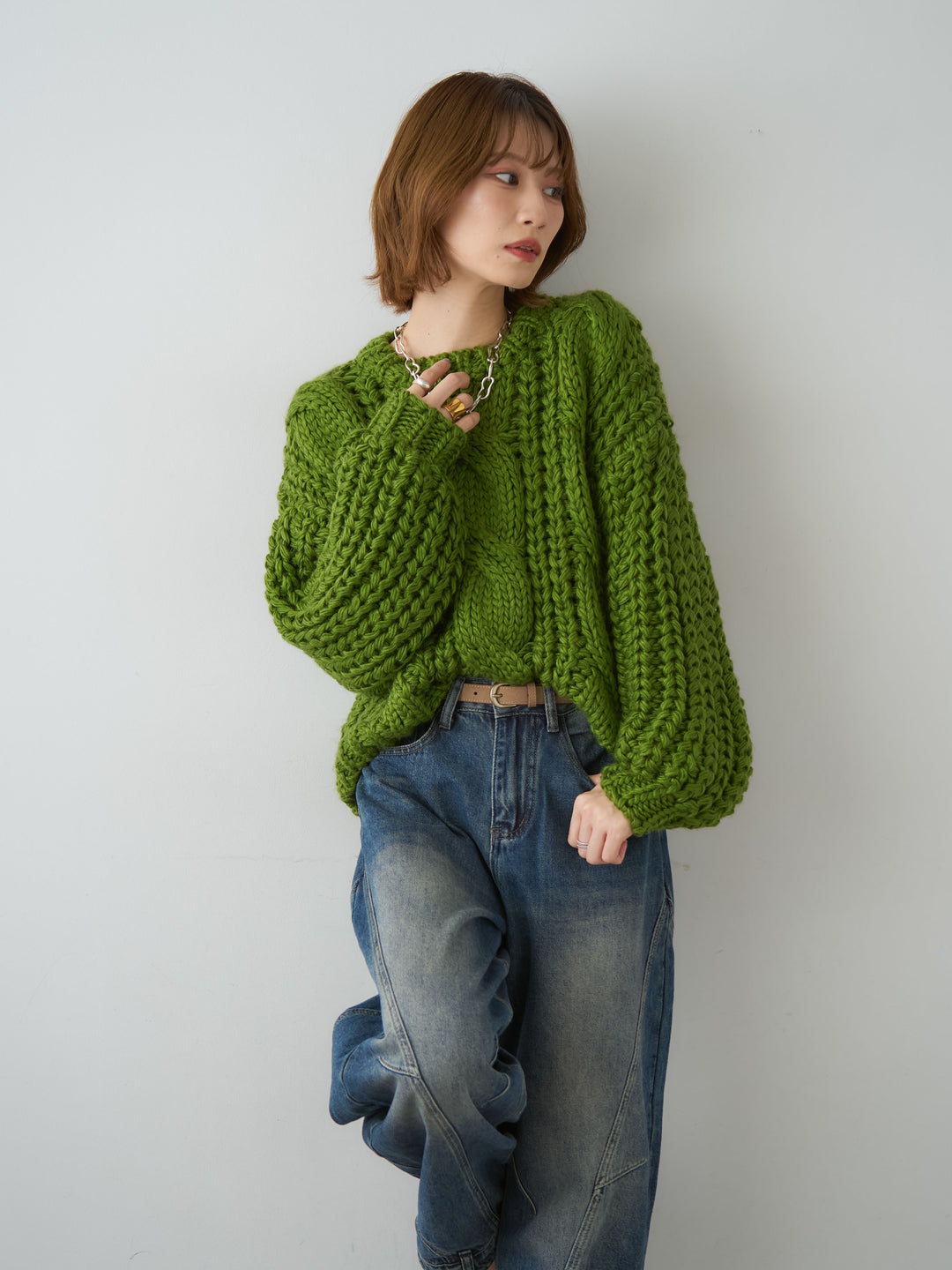 [SET]ボリュームケーブルニットプルオーバー+ヘムデザインワイドデニムパンツ(2set)