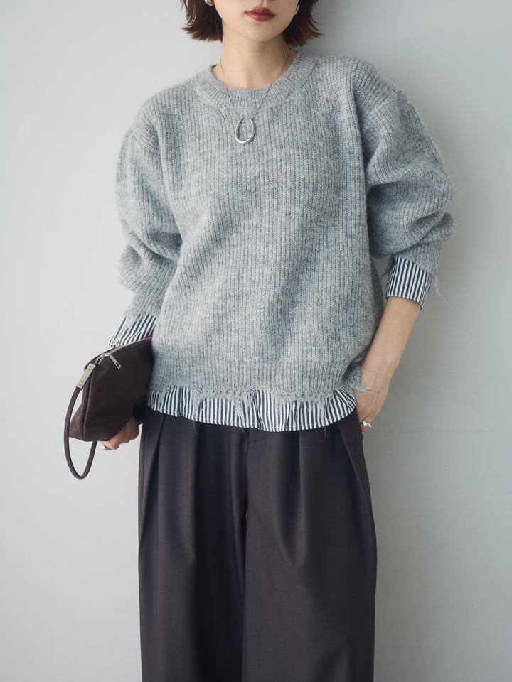 [SET]シャツレイヤードデザインモヘアプルオーバー+ツイルタックワイドパンツ(2set)