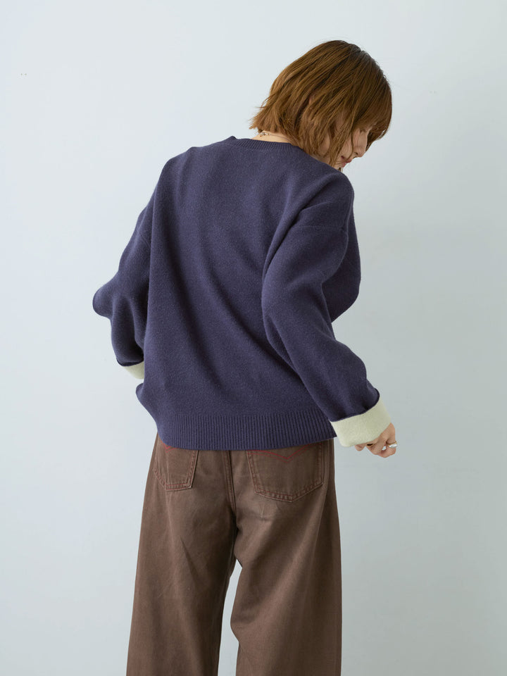 [SET]アルパカタッチバイカラーニットトップス+カラーステッチワイドパンツ(2set)