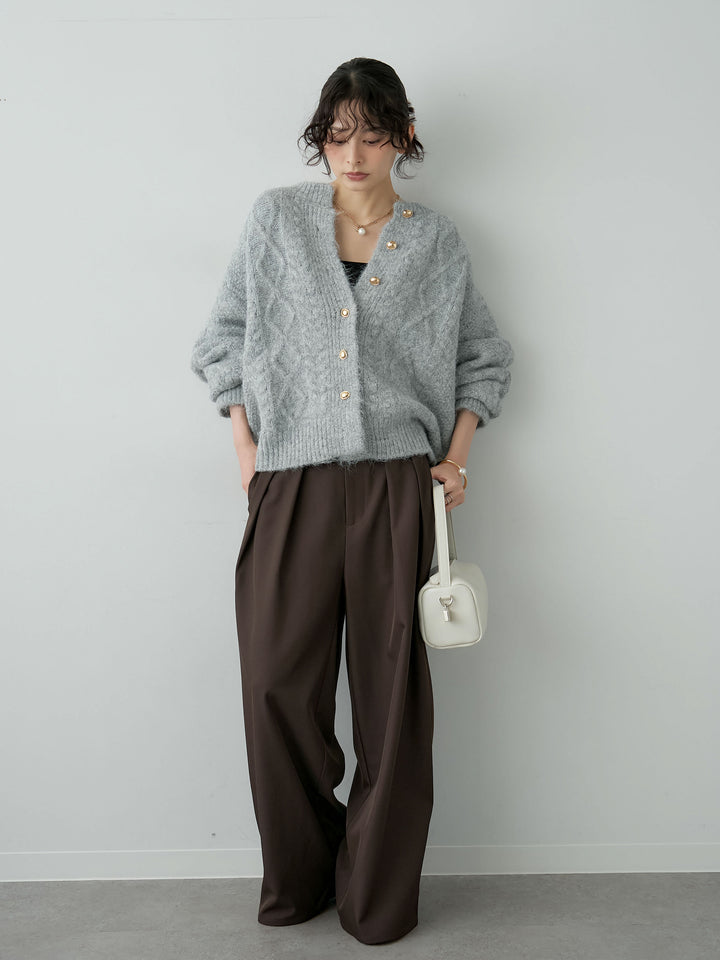 [SET]ゴールドボタンケーブルシャギーガーディガン+ツイルタックワイドパンツ(2set)