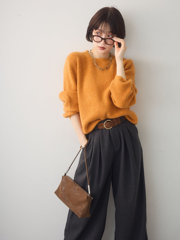 [SET]ソフトヘアリークルーネックニットトップス+ダブルタックドレープストレートワイドパンツ(2set)