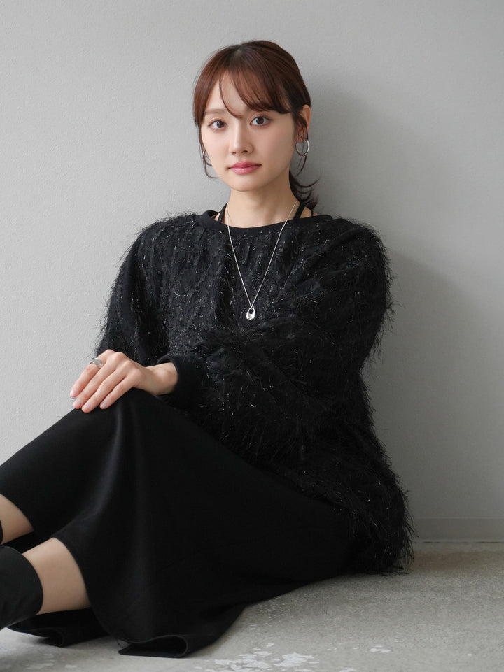 【預購】流蘇薄紗多層抓絨套頭衫/黑